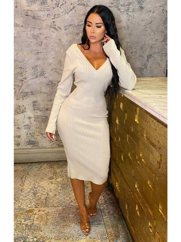 Femme Luxe - Wholesale Dress - Women's - Stone Ribbed V Neck Midi Jumper Dress - Ivy