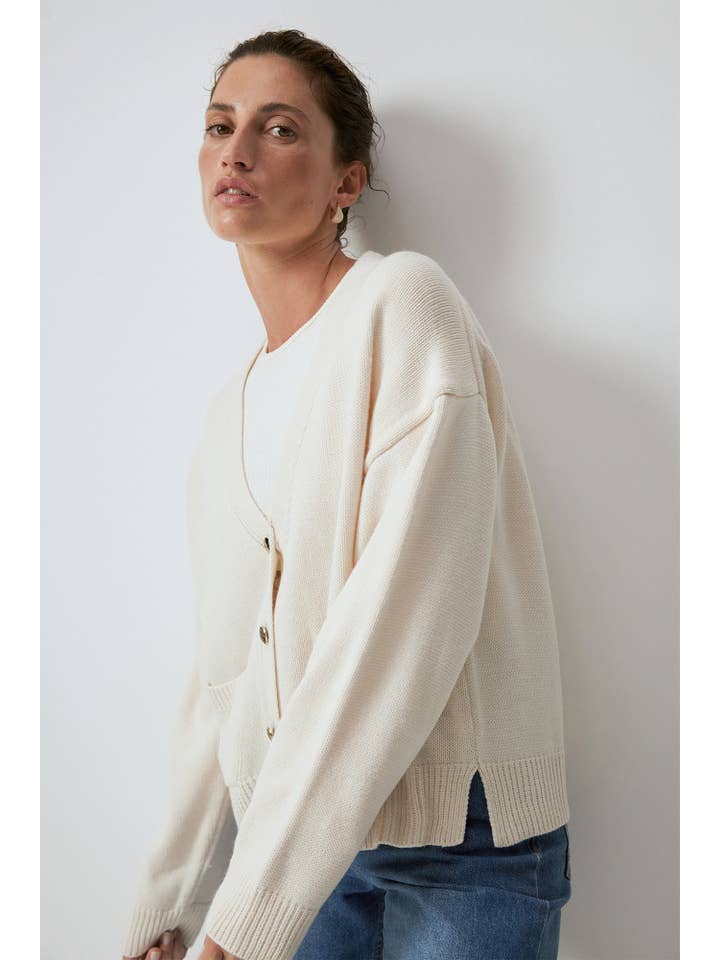 Cream A KNIT CARDIGAN WITH BUTTON POCKET DETAILS for wholesale on Faire2