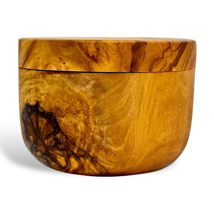 Olive Wood Salt Cellar with Magnetic Lid (3.75"D x 2.75"H) for wholesale by Angel's Salumi & Truffles