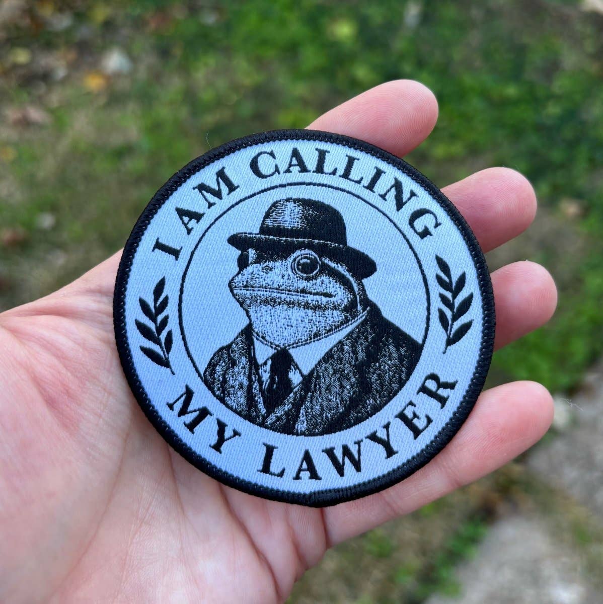 Pretty Bad Co - Wholesale Patch - I am calling my lawyer patch. Frog lawyer woven patch.1