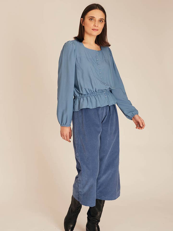 FRILL SILKY SHIRT BLUE for wholesale by Pepaloves