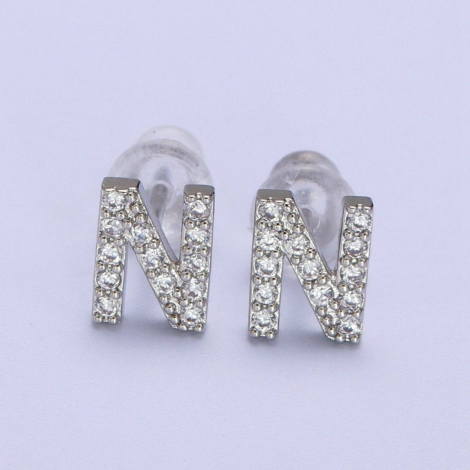 Aim Eternal - Wholesale Stud/Post Earrings - White Gold Filled Tiny Initial Letter Diamond CZ Silver Stud13