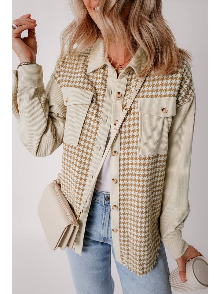 Parchment Houndstooth Corduroy Patchwork Flap Pocket Shacket for wholesale on Faire2
