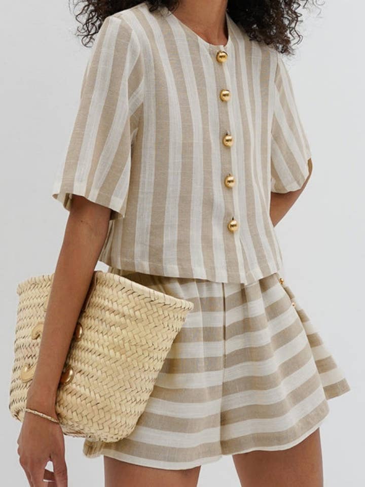 BEIGE Striped Buttoned Short Sleeve Top and Shorts Set for wholesale on Faire13