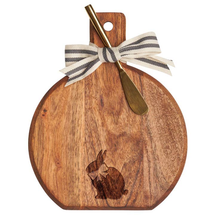 Acacia Bevel Board with Handle with Ribbon & Gold Spreader | Easter Bunny | 9.75 x 8" for wholesale by Sophistiplate