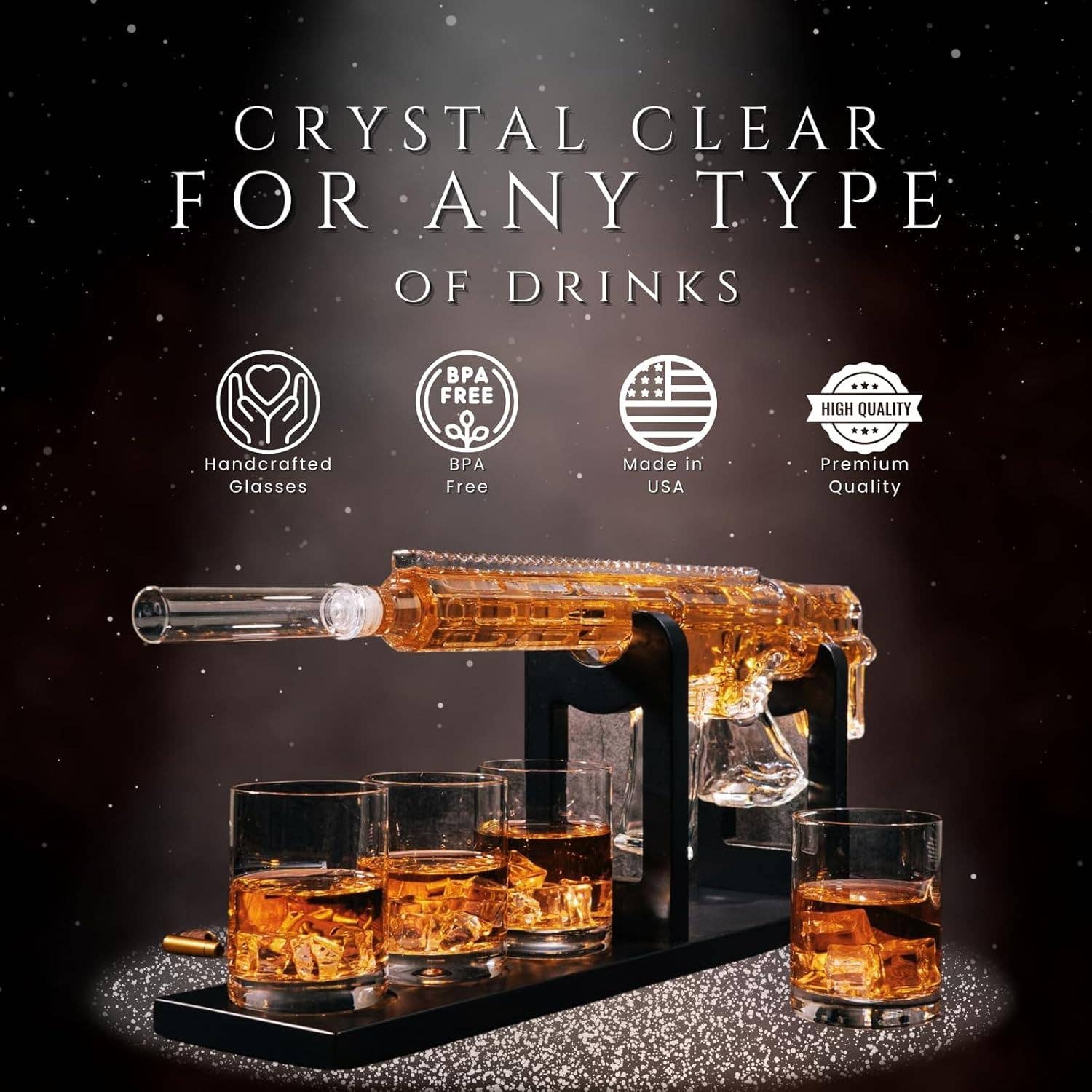 The Wine Savant /  Khen Glassware - Wholesale Decanter - AR15 Whiskey Gun Decanter Set 1000 ml & 4 Bullet Glasses5