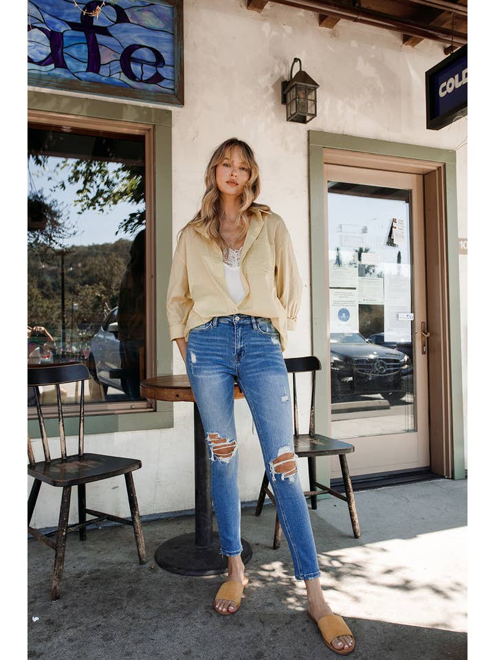 HEY SUN HIGH RISE DISTRESSED ANKLE SKINNY JEANS T5334 for wholesale on Faire