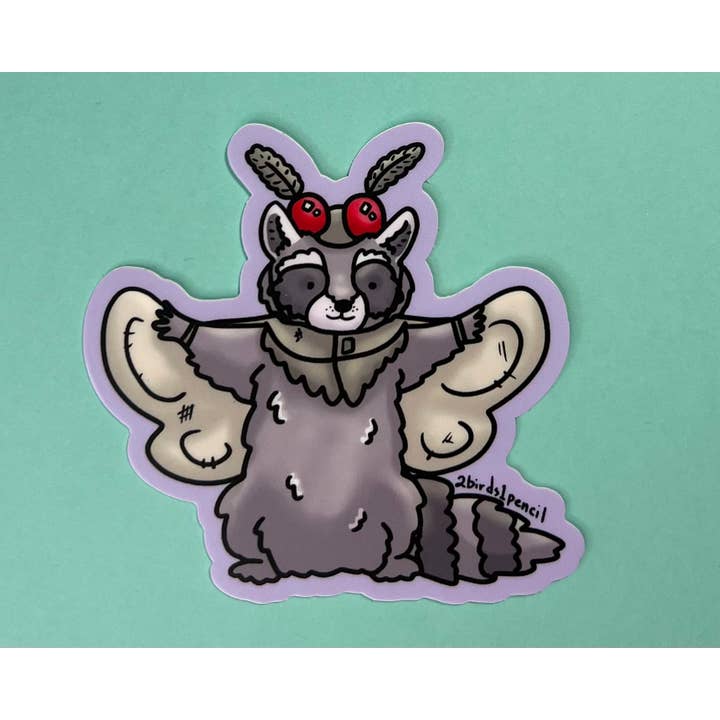 Mothman Raccoon Vinyl Sticker for wholesale by 2Birds1Pencil Illustrations