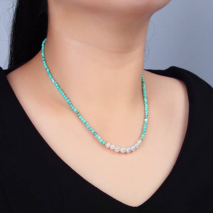 Aim Eternal – Colar com missangas/pérolas por atacado – Colar de Aço Inoxidável com Pérola de Água Doce e Pedra Turquesa de 16 Polegadas | WA-26502