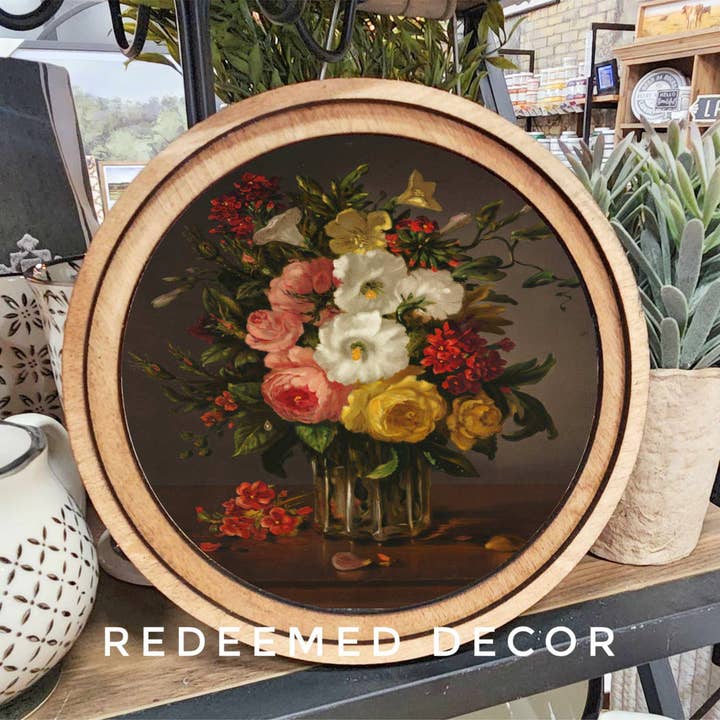 Redeemed Decor - Vente Art mural en bois - Art floral foncé vintage rond de 8 po