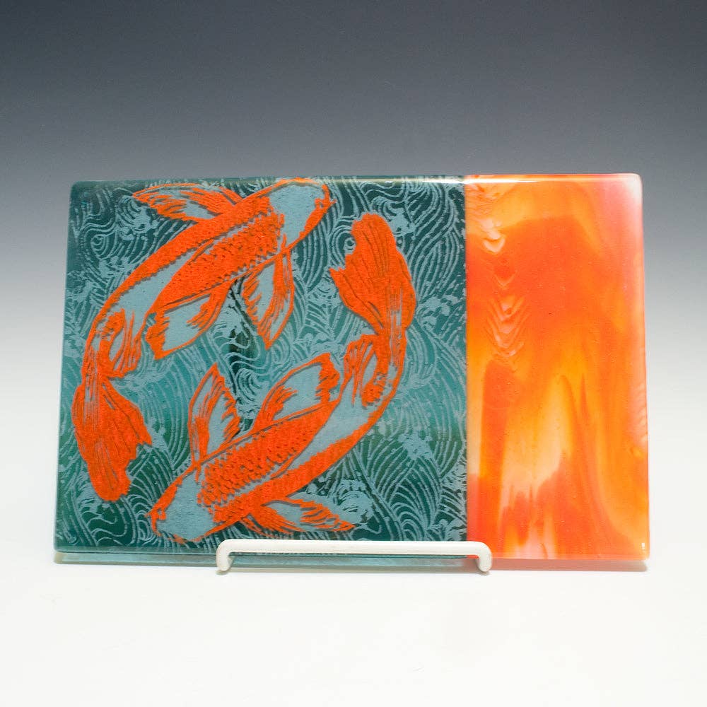Kiku Handmade | Contemporary Fused Glass Home Goods - Wholesale Cheese Board - Koi 7x11" Fused Glass Cheese Plate3