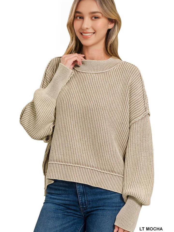 42POPS - Wholesale Knit Sweater - Women's - ....1014 Washed Side Slit Oversized Cropped Sweater SI-265105