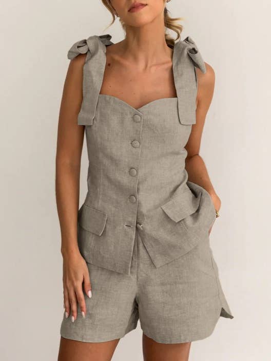 French Bow Shoulder Button Top & Loose Shorts Set for wholesale by Rosa Clothing