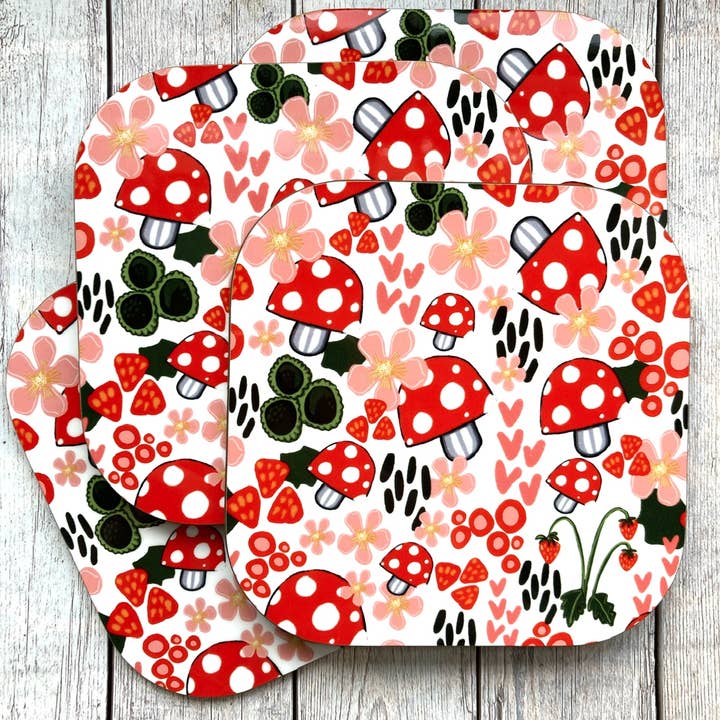 Red Toadstool Pattern Coaster, Colourful Coaster, Mushrooms. for wholesale by Slumbermonkey Designs