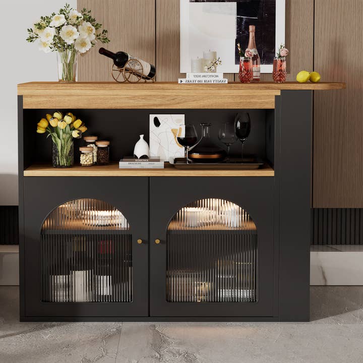 Urban Meuble - Wholesale Sideboard - Modern black rotating extendable bar table with storage and LED light strip THRUTELS BLACK6