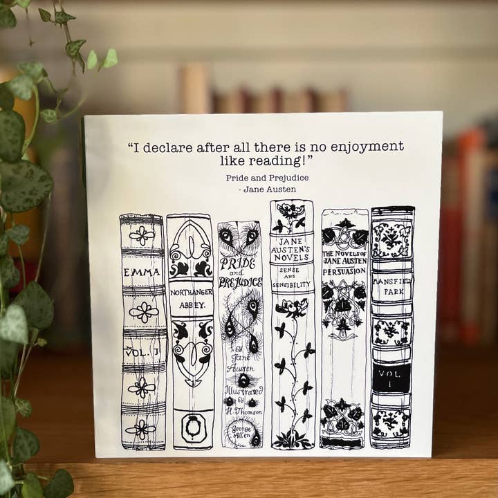 “I declare after all there is no enjoyment like reading” Pride and Prejudice greetings card for wholesale by Georgina The Librarian