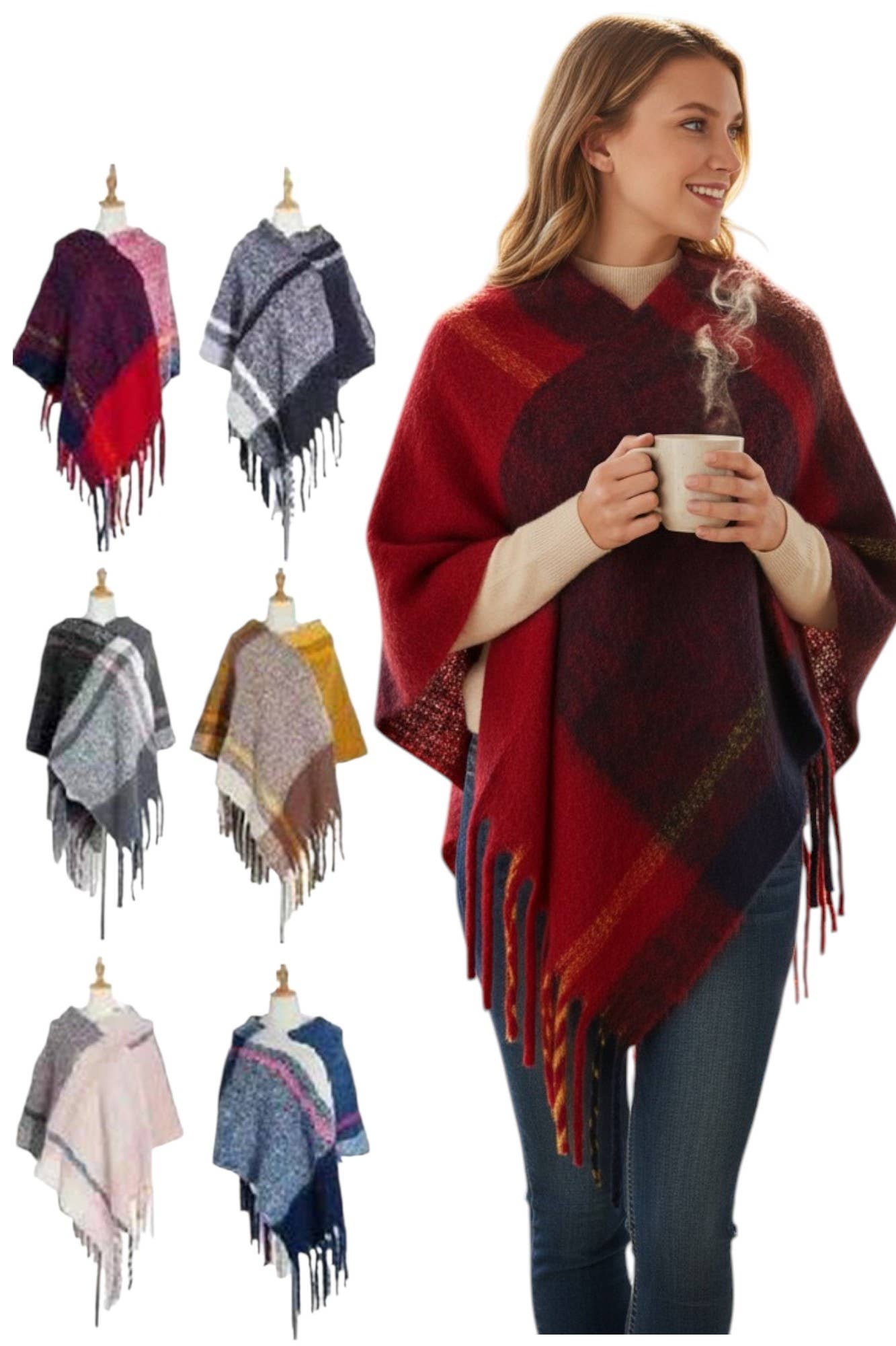 Artini Accessories - Wholesale Poncho - Women's - Soft Knit Large Plaid Design Winter Poncho Set2