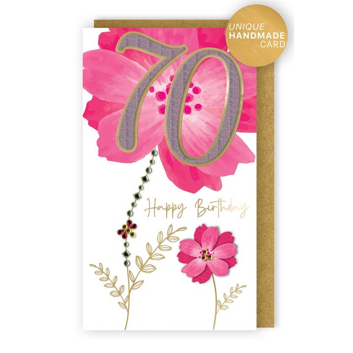 Second Nature Ltd - Wholesale Birthday Card - 70th - Large Pink Flower - Champagne - Second Nature