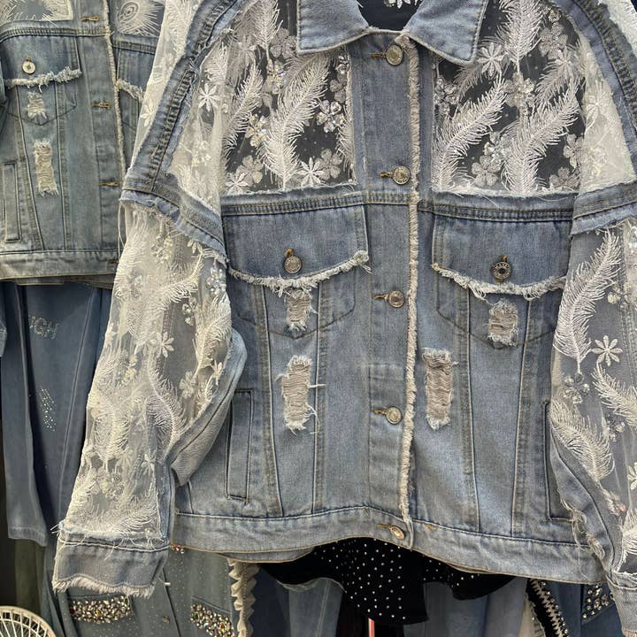Blue M135 Double-Layer Lace Mesh Embroidered Denim Jacket for wholesale on Faire6