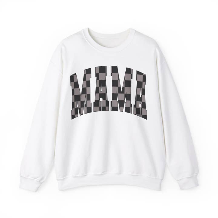 sweat-shirt à col rond unisexe en mélange épais à carreaux mama pour la vente par Apparel Crush