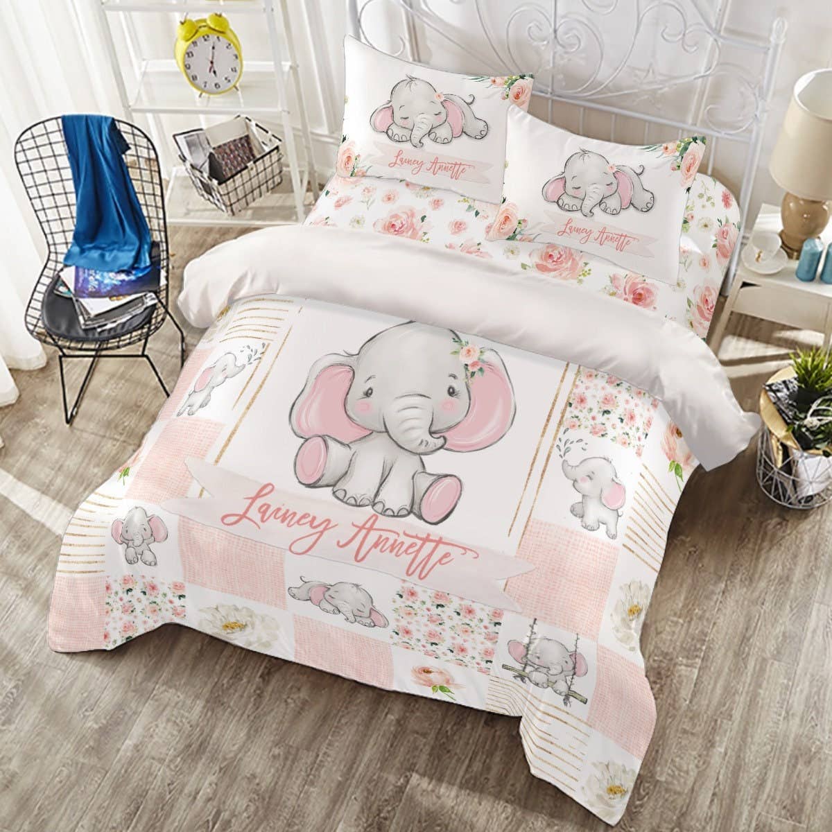 Empowering Decor – wholesale Bedding set – Child & baby – Blush Florals with Cute Elephant Personalized Duvet Cover Set for Girl0
