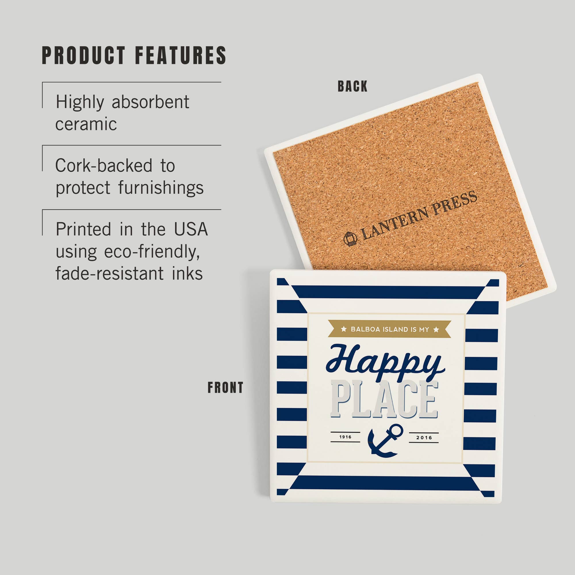 Lantern Press - Wholesale Coasters - Ceramic Coaster Balboa Island, California, Balboa Island …2