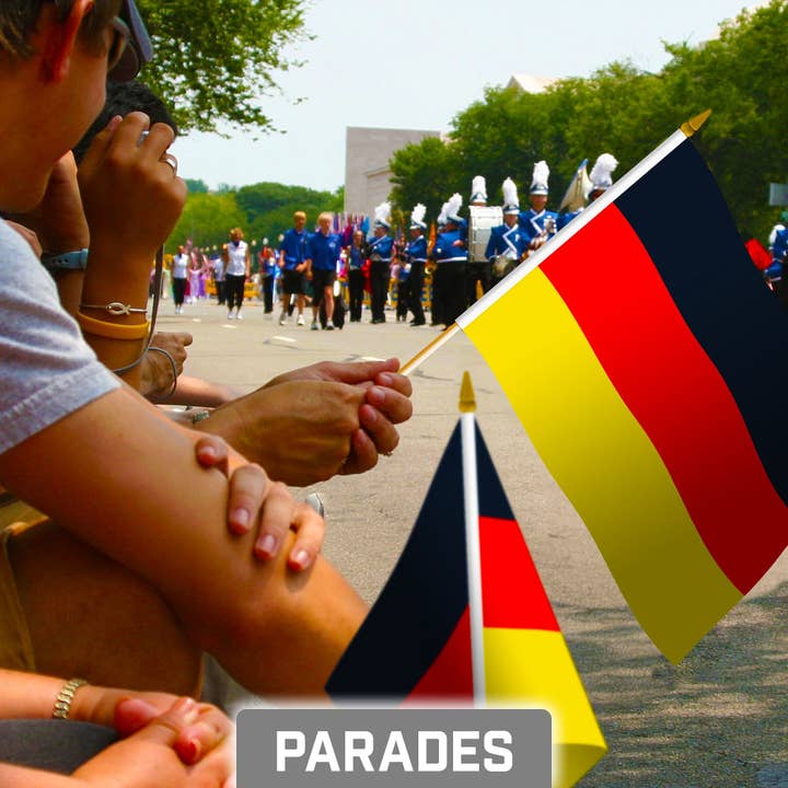 G128 - Wholesale Flag - G128 30 Pack Handheld Germany German Stick Flags | 8x12 In | Printed 150D Polyester, Country Flag, Solid Wooden Stick, Spear Gold Tip