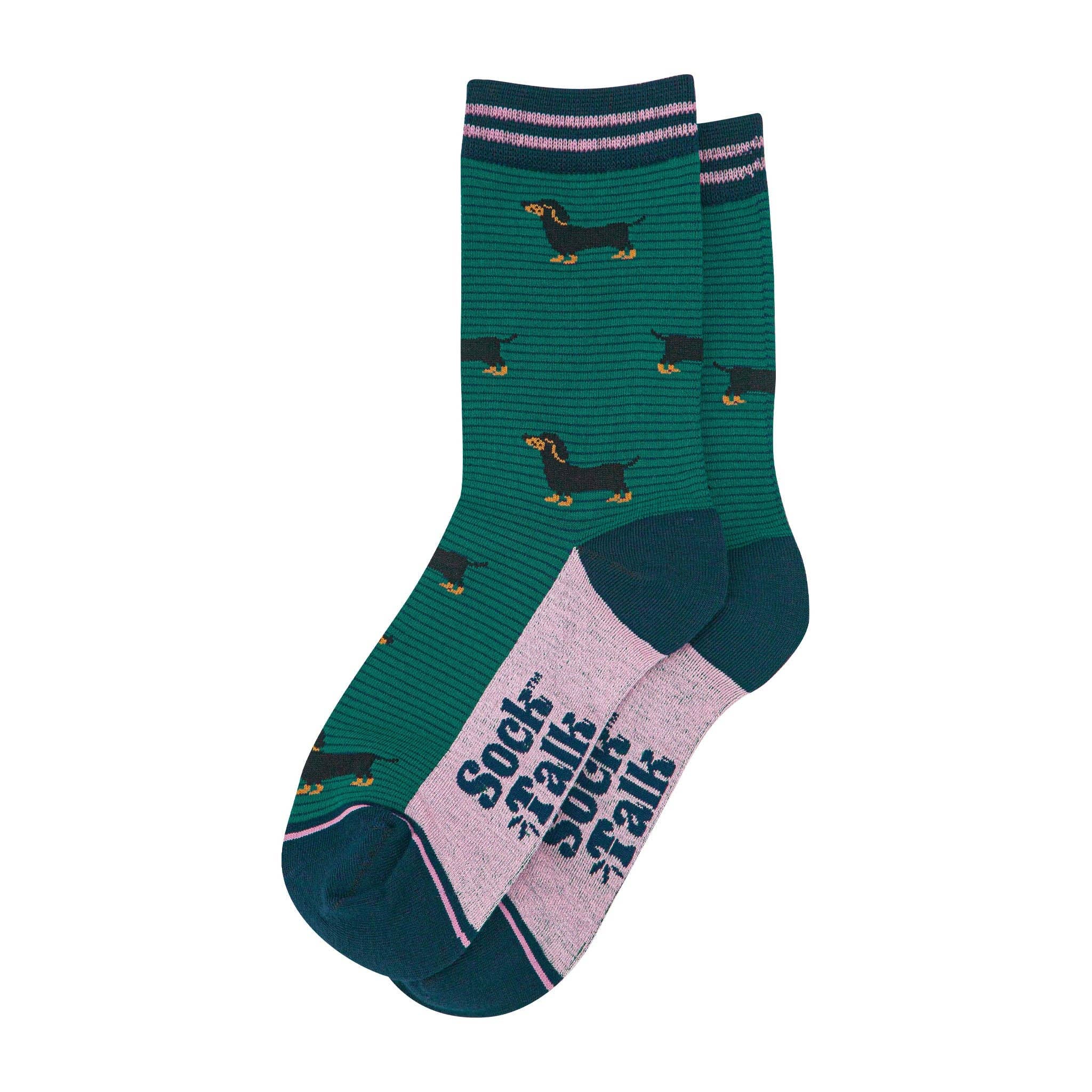 Sock Talk - Wholesale Socks - Women's - Women's Bamboo Socks - Green/Navy Blue, Sausage Dog Stripe1