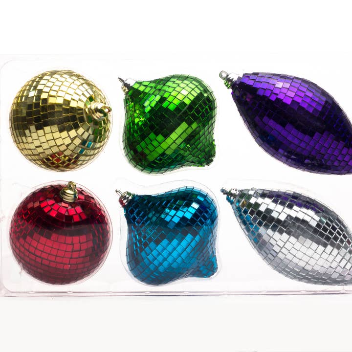 6 Pack Gold, Silver, Red, Blue, Green and Purple Mirrored Ornament Set for wholesale by Winterland Inc.