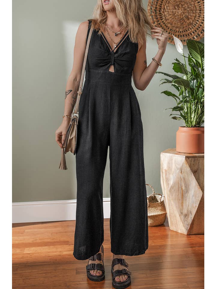 Black LDC Front Cut Out Smocked Back Sleeveless Wide Leg Jumpsuit for wholesale on Faire