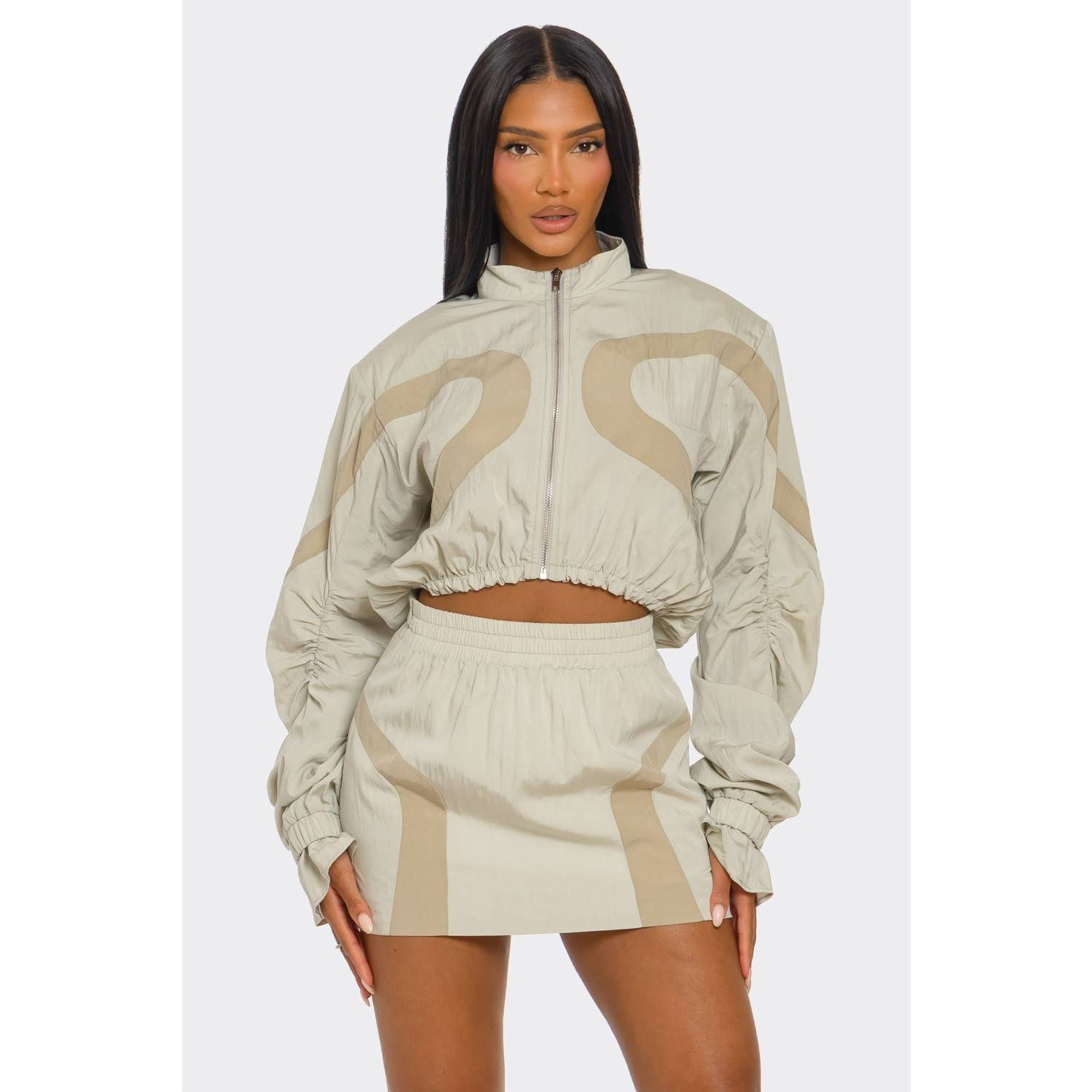 BEIGE Plus Two-tone Nylon Windbreaker Skirt Set for wholesale on Faire1