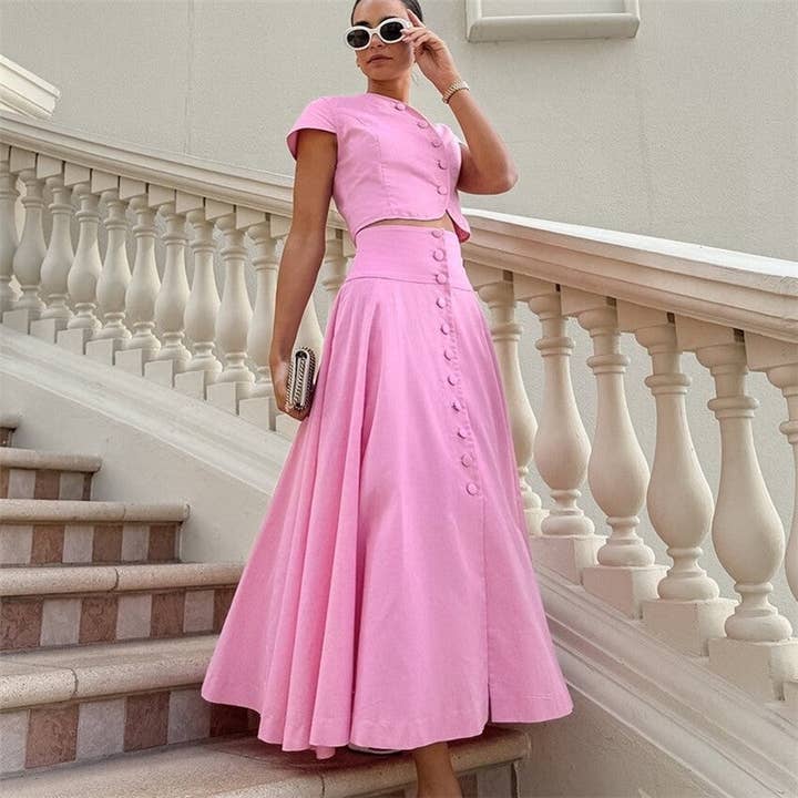 CANDY PINK Solid Color Tee A-Line Skirt Set for wholesale on Faire1