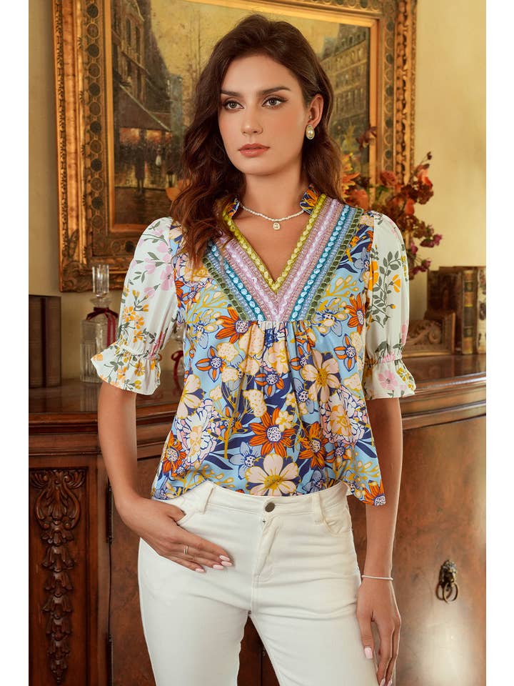 Multi Colored V Neck Half Sleeve Boho Floral Blouse for wholesale on Faire
