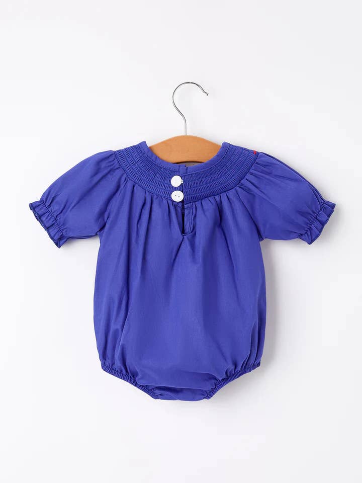 Rylee Faith Designs - Wholesale Jumpsuit - Baby - Back To School Apple Embroidery Blue Girls Romper