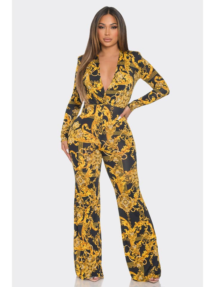 BLACK GOLD J7476 Shoulder Pad Wrap Print Jumpsuit for wholesale on Faire