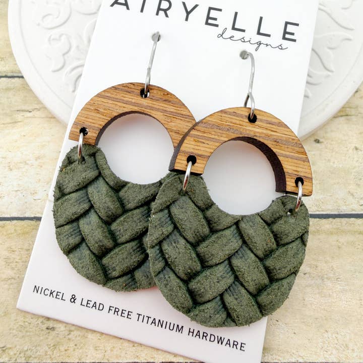 Olive Box Braid Leather Scoop Earrings - Titanium for Sensitive Ears for wholesale by Airyelle Designs