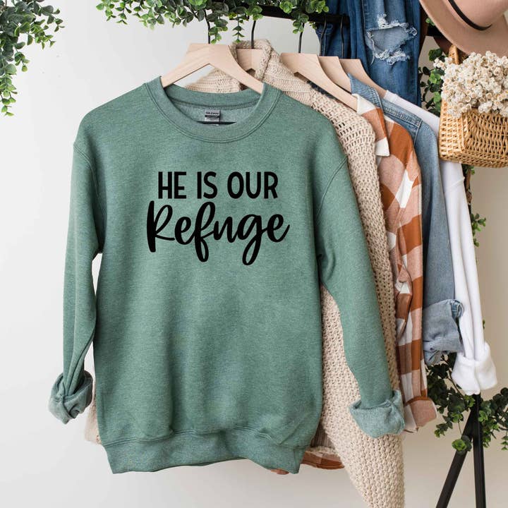 He Is Our Refuge | Sweatshirt for wholesale by Uplifting Threads Co Wholesale