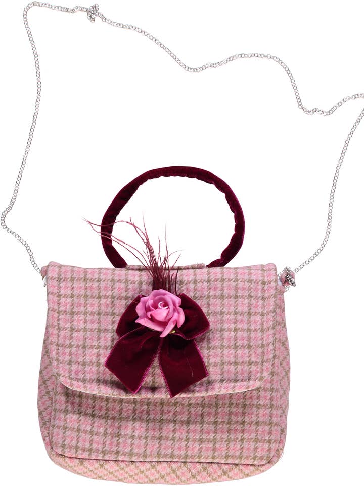 Bolsa xadrez rosa  com laço em veludo for wholesale by Piccola Speranza