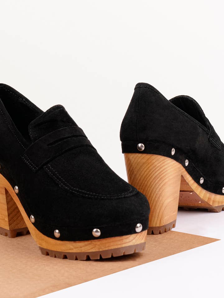 OSAGE Black Clogs Loafers In Fine Suede for wholesale by Rag Company