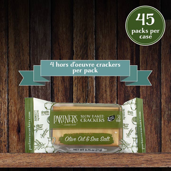 Snack Packs : Hors d'Oeuvre Crackers : Olive Oil & Sea Salt - 4 Cracker Pack, 45 Packs Per Case for wholesale by Partners Crackers