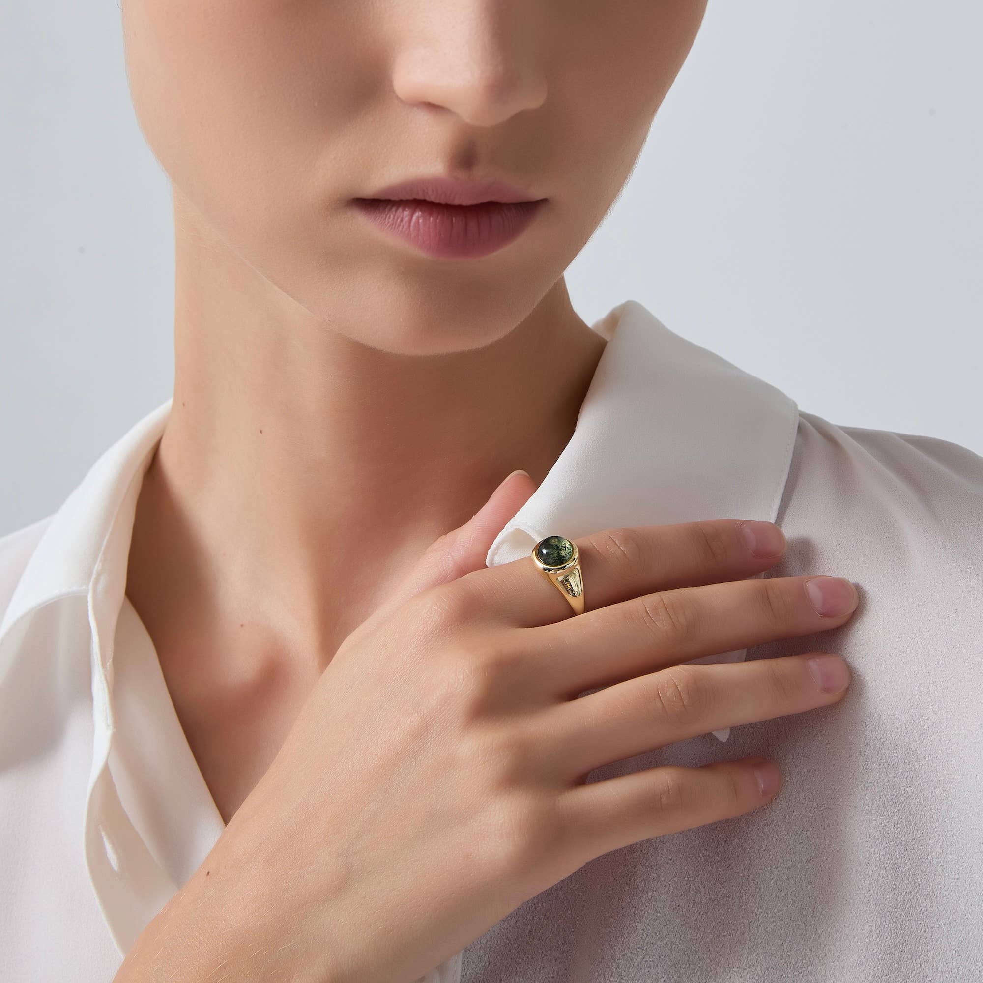 Perimade & Co. LLC - Vente Bague de cocktail/de cérémonie - Bague cabochon en agate mousse en argent sterling 9251