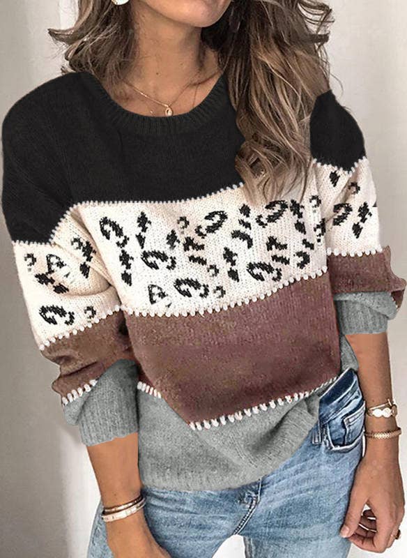 Lily Clothing - Wholesale Knit Sweater - Women's - LEOPARD PRINT PATCHWORK FASHION KNIT PULLOVER7