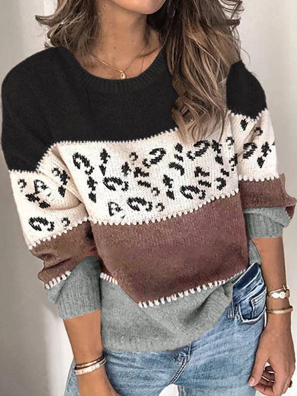 Lily Clothing - Wholesale Knit Sweater - Women's - LEOPARD PRINT PATCHWORK FASHION KNIT PULLOVER7