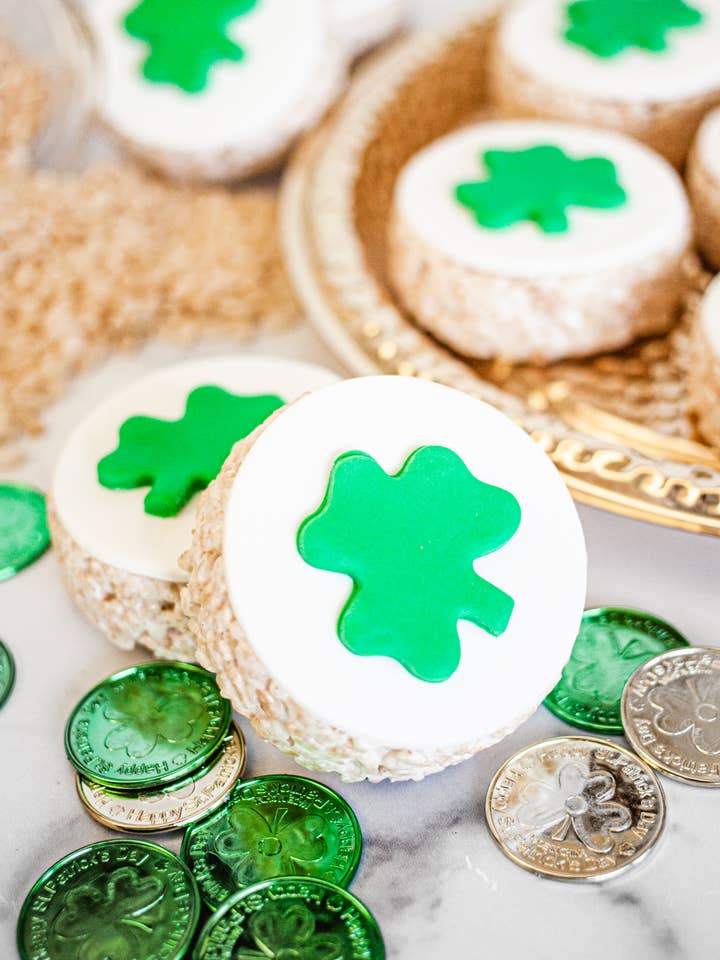 Saint Patrick's Day Shamrock Round Rice Crispie Treat for wholesale by Creative Crispies Co.