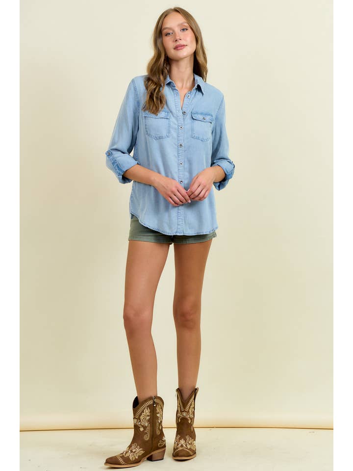 Doe and Rae - Wholesale Overhemd met knopen - Dames - Chambray overhemd met knoopsluiting en oprolbare mouwen - 41778T4