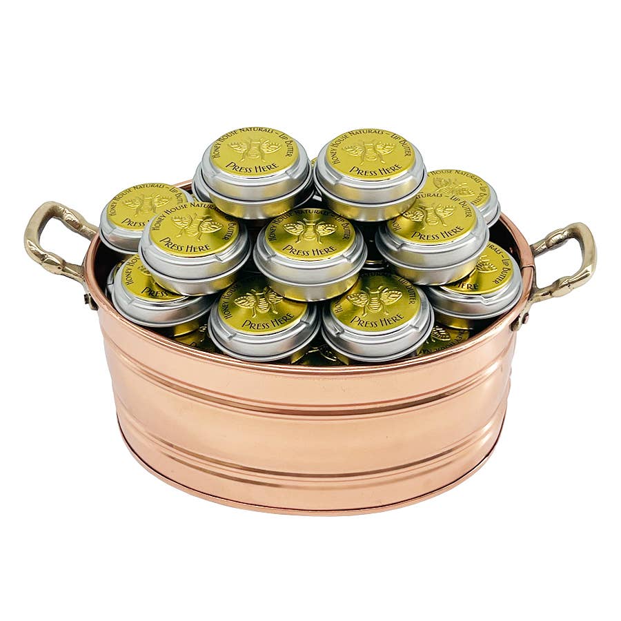 Honey House Naturals - Wholesale Lip Balm - Lip Butter TIN - Pop Top Lid Copper Pot Display - 36 Pieces4
