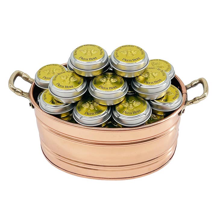 Honey House Naturals - Wholesale Lip Balm - Lip Butter TIN - Pop Top Lid Copper Pot Display - 36 Pieces4