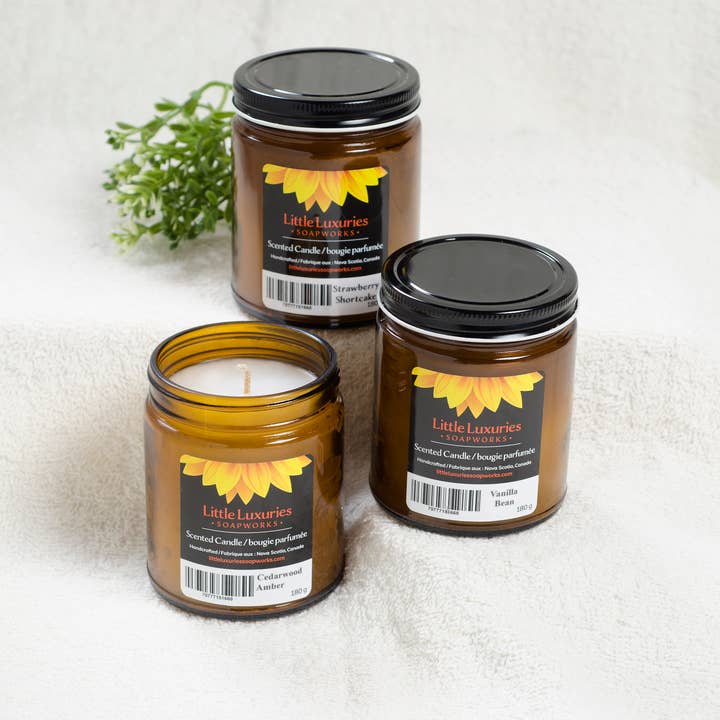 9 ozCandle in beautiful amber jar for wholesale by Little Luxuries Soapworks
