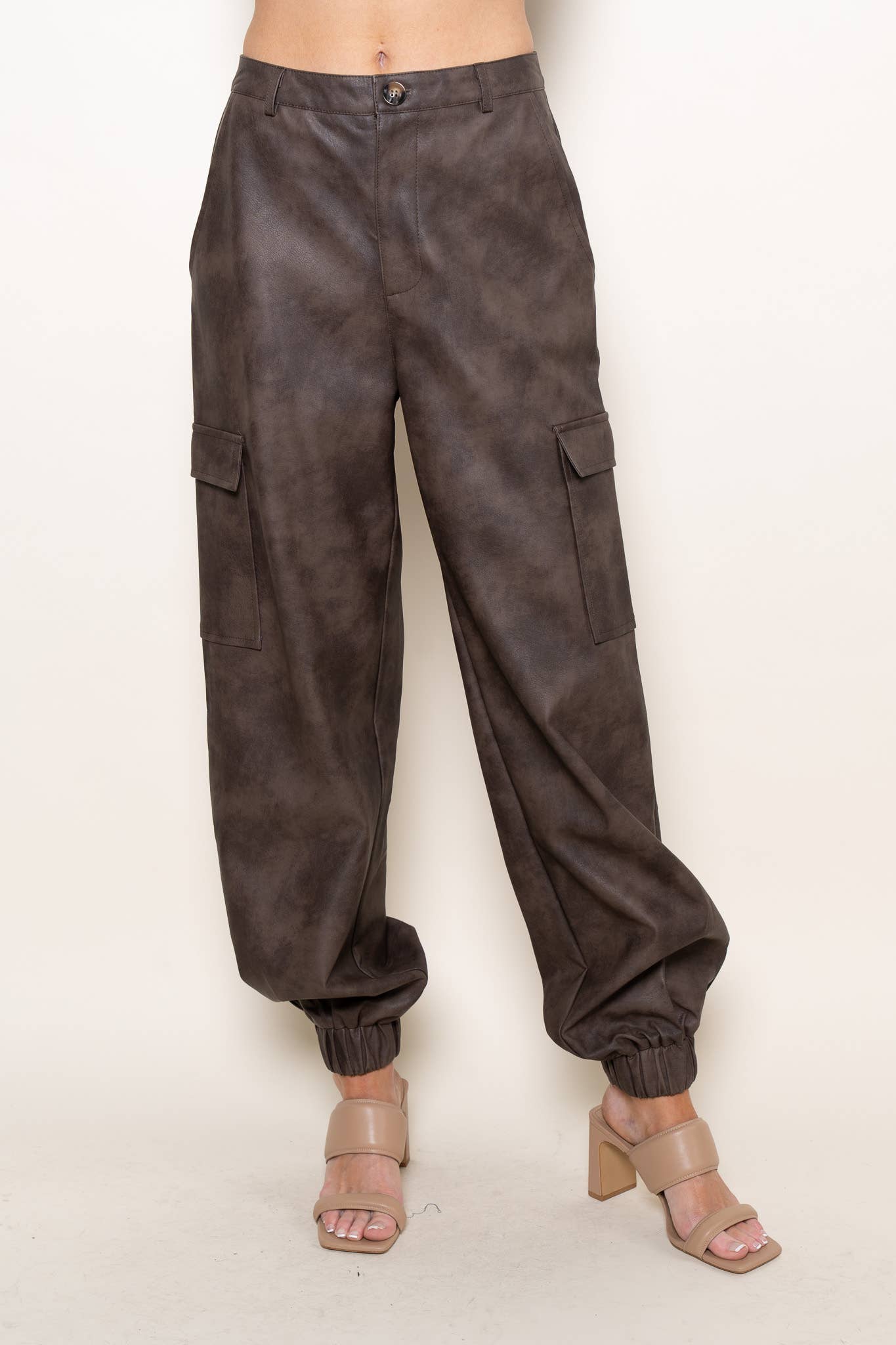 Brown PLEATHER CLASSY CUFFED CARGO JOGGERS-PI6888FO for wholesale on Faire5