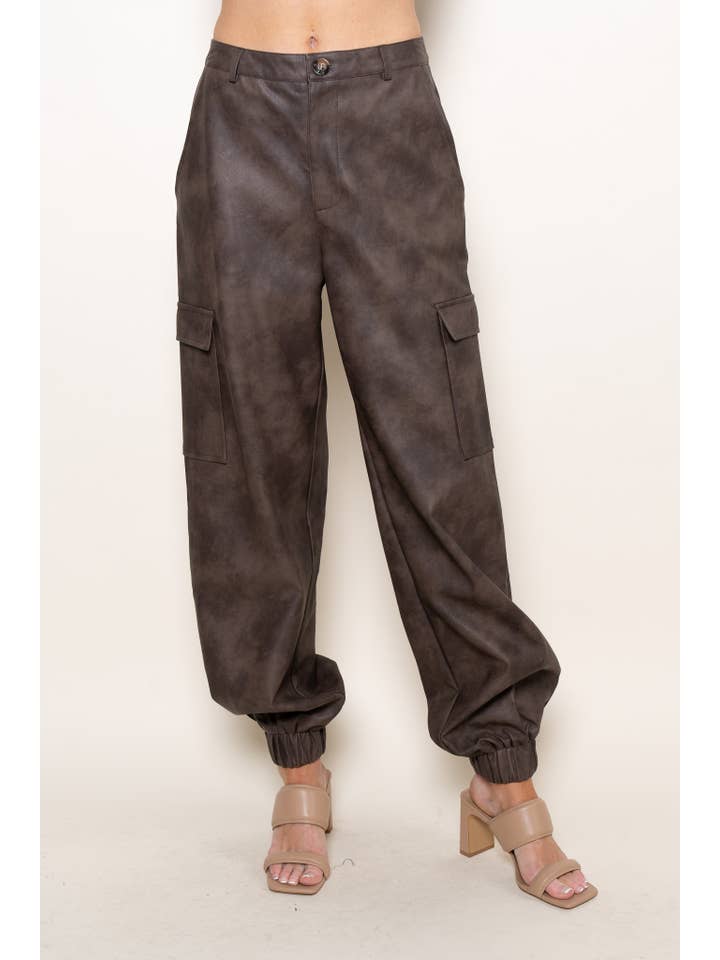 Brown PLEATHER CLASSY CUFFED CARGO JOGGERS-PI6888FO for wholesale on Faire5